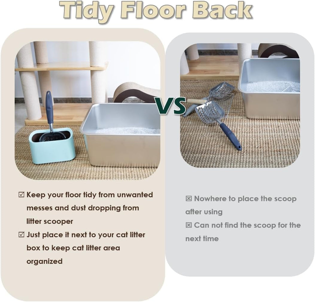 Aluminum Cat Litter Scoop in Holder, Non-Stick Cat Poop Scooper with Holder, Fast Sifting Kitten Poop Lifter and Caddy (Blue)