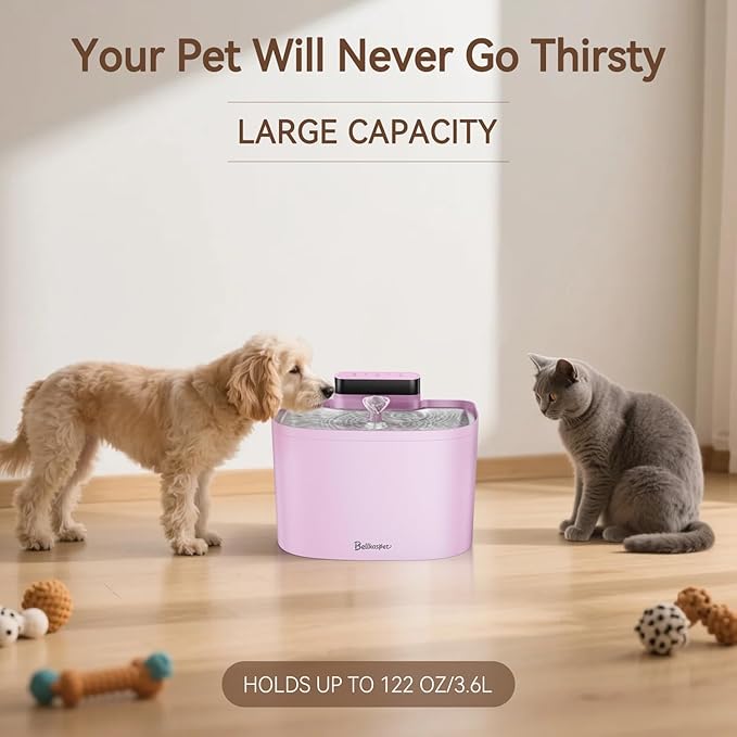 Cat Water Fountain, App Control Wireless Cat Fountain, 122oz/3.6L Pumpless Water Fountains for Cats Indoor with Stainless Steel Tray, Wi-Fi Dog and Pet Water Fountain (Pink, Fountain+8 Fliters)