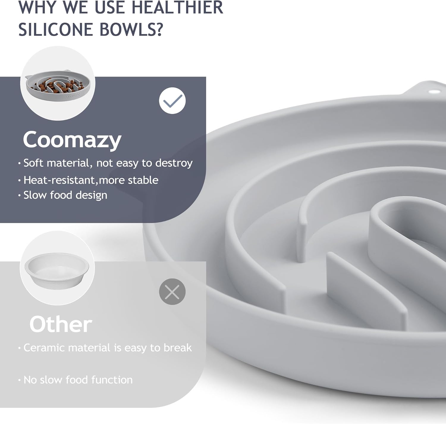 Coomazy Silicone Slow Feeder Dog Cat Bowls, Interactive Puzzle Toy for Pets Food Training, Keeps Dogs Cats Busy, Prevents Puppy Kitty Overeating (Smoke Gray, 1.4Cup)
