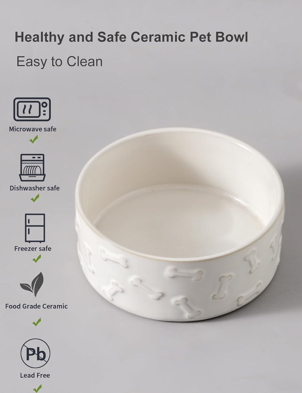 UBEE Ceramic Dog Food Bowl Set of 2, 6.1 inch Dog Bowls Dish with Bone Pattern, Pet Food Water Dish Feeding for Small and Medium Dogs and Large Cat, White