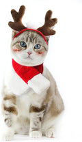Enjoying Pet Christmas Costumes for Cats Small Dogs, Cat Reindeer Antlers Headband with Xmas Scarf, Adjustable Doggie Reindeer Hat Santa Scarf, Kitten Christmas Outfit Cosplay