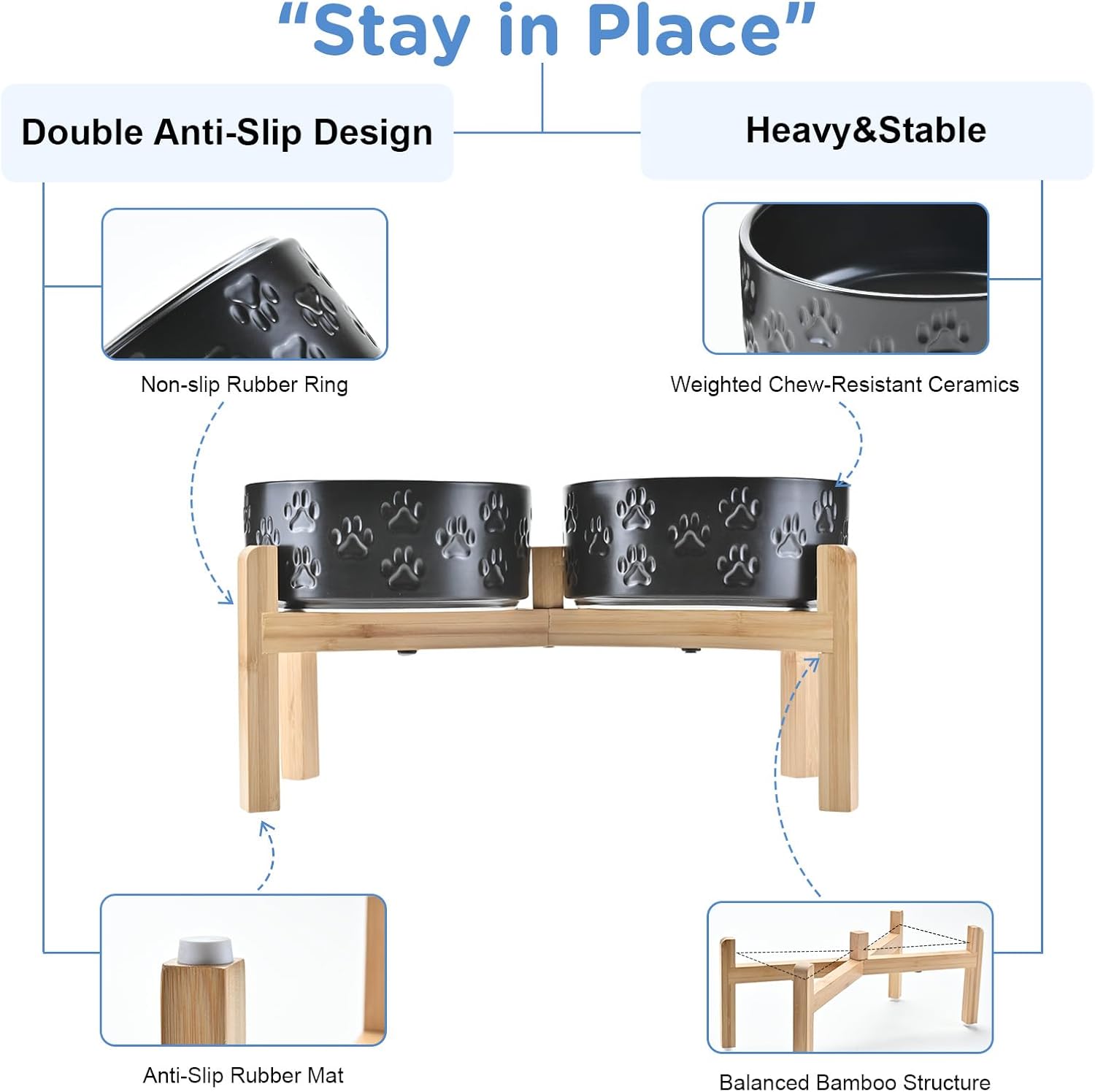 SPUNKYJUNKY Elevated Dog Bowls Ceramic, 7.3'' Dogs Food Water Bowls Raised with Non-Slip Bamboo Stand for Medium to Large Sized Breed Microwave Dishwasher Safe - 42 OZ,Paw Black
