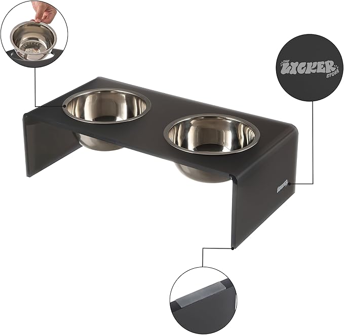 The LICKER Store DBL2000J Keaton 5" Small/Medium Modern Acrylic Rectangular Elevated Pet Feeder with 20oz 2-Stainless Steel Bowls, Dark Gray/Chrome