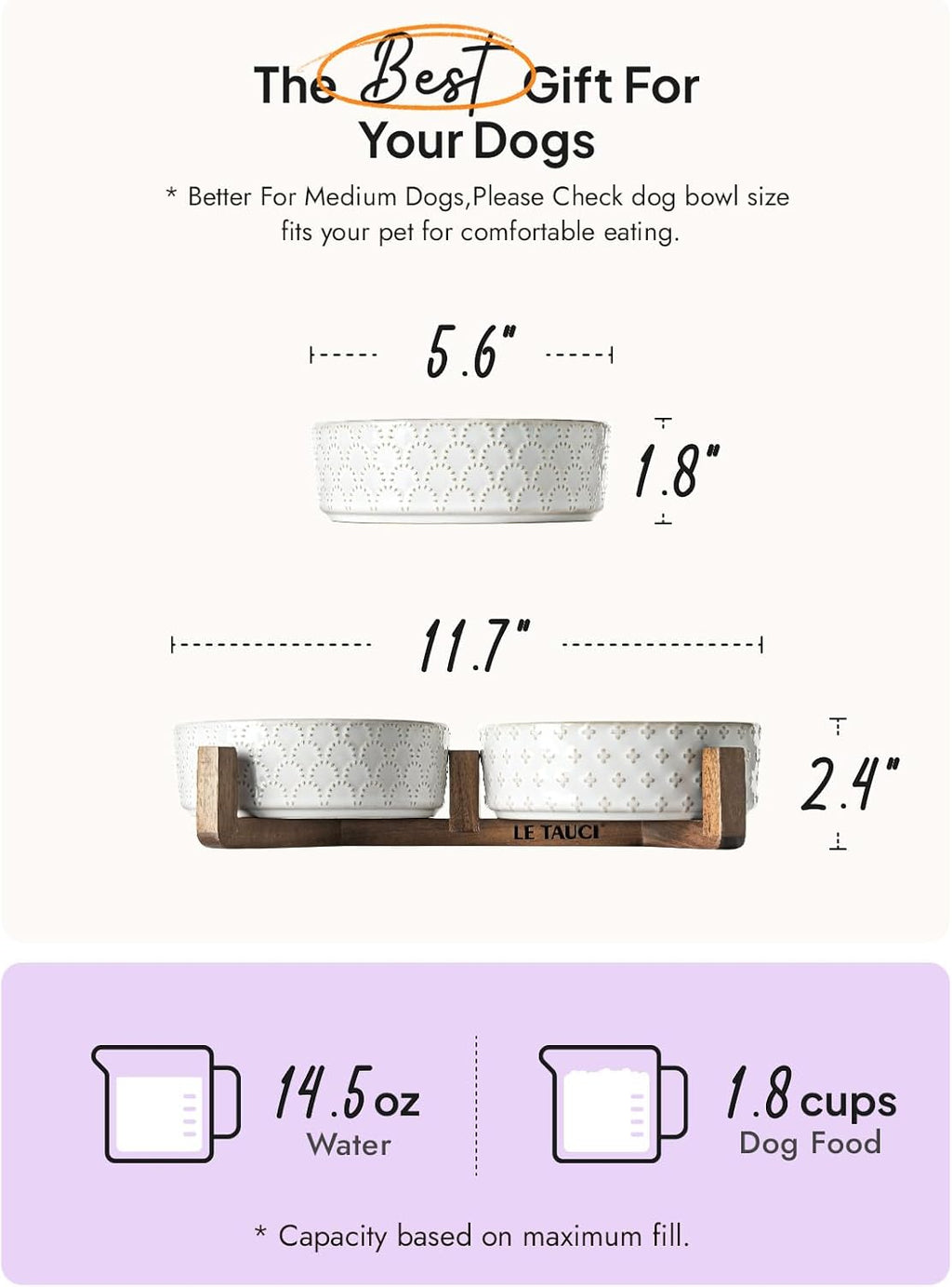 LE TAUCI Dog Bowl Set with Acacia Wood Stand - 1.5-Cup Ceramic Puppy Bowls for Small Dogs, Dual Food and Water Bowls with Weighted Non-Slip Base, Clover