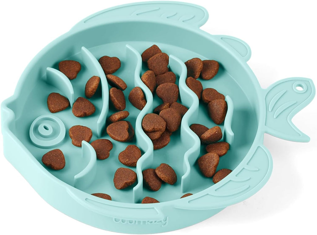 Coomazy 2-in-1 Silicone Slow Feeder Dog Cat Bowls, Lick Mat Interactive Puzzle Toy for Pets Dry/Wet Food Training, Keeps Dogs Cats Busy, Prevents Puppy Kitty Overeating (Cyan, 1.2 Cup)
