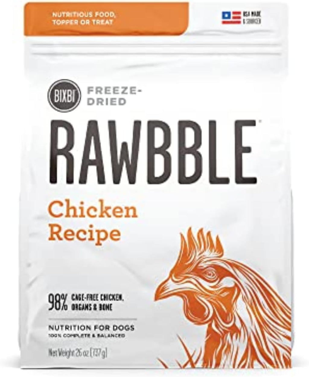 BIXBI Rawbble Freeze Dried Dog Food, Chicken Recipe, 26 oz - 98% Meat and Organs, No Fillers - Pantry-Friendly Raw Dog Food for Meal, Treat or Food Topper - USA Made in Small Batches