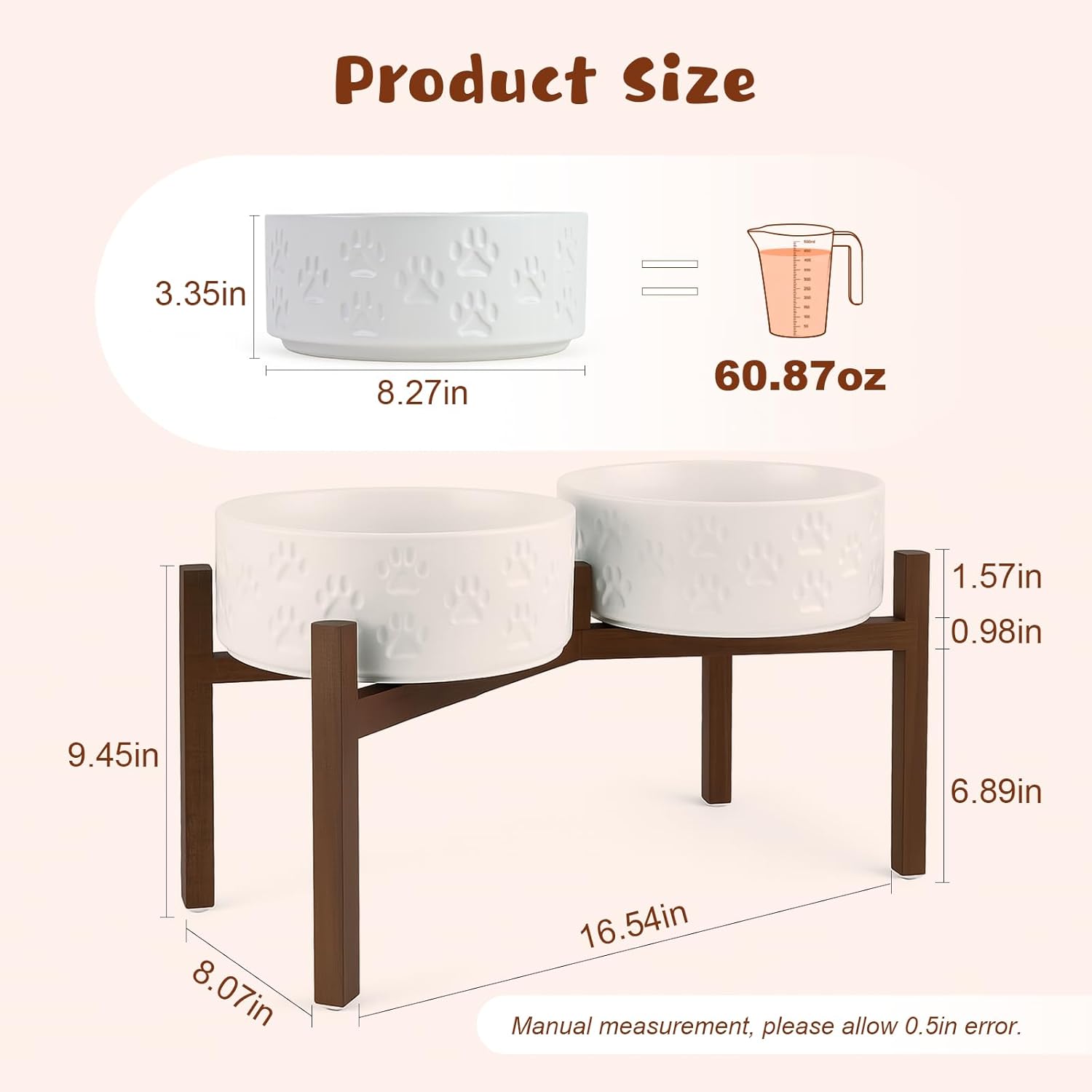 SPUNKYJUNKY Ceramic Elevated Dog Bowl Set with Acacia Wood Stand for Food and Water for Large Dogs (60.87 OZ, White, Dog Paw Pattern)