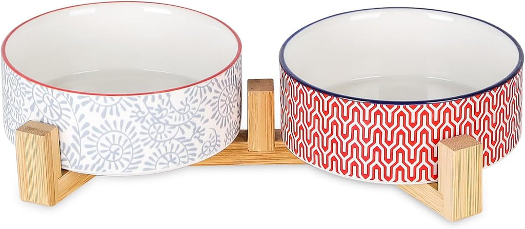 Selamica Ceramic 14 oz Dog Bowls - Anti-Slip Pet Dishes Set with Wooden Stand for Cats & Small Dogs, Weighted, Assorted Colors, Food & Water Dishes