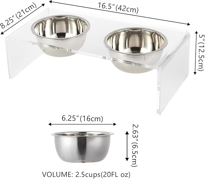 The LICKER Store DBL2000A Keaton 5" Small/Medium Modern Lucite Rectangular Elevated Pet Feeder with 20oz 2-Stainless Steel Bowls, Clear/Chrome
