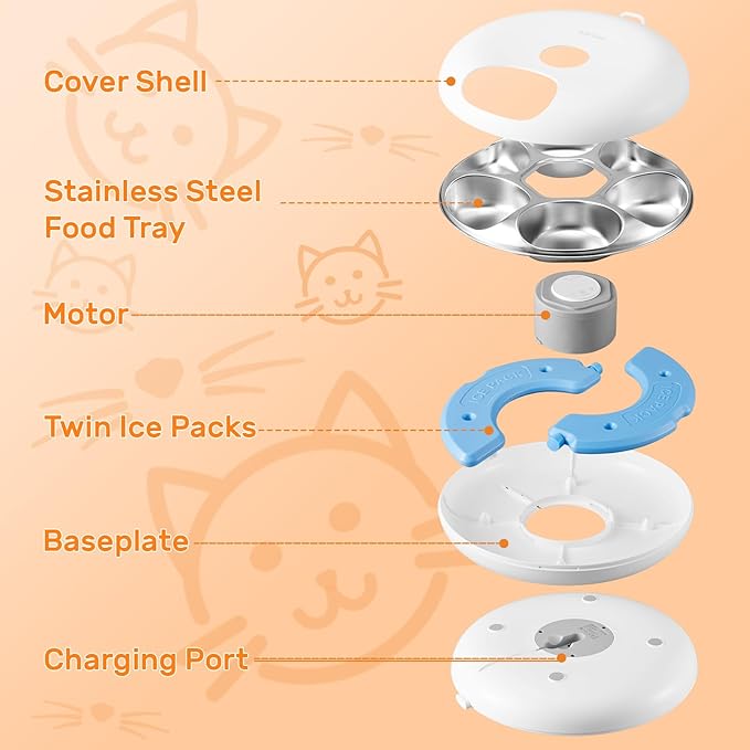 Automatic Cat Feeder for Wet Food, Stainless Steel Tray 6 Meals Dispenser with 2 Ice Packs, Programmable Timer, Rechargeable Cordless Auto Pet Feeder for Cats Small Dogs