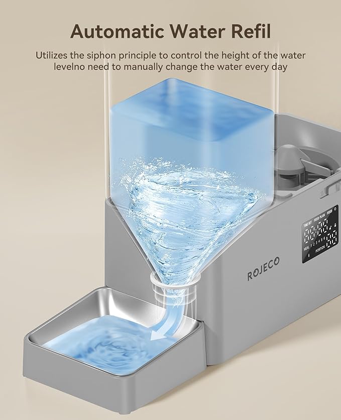 Rojeco 36Cups/8.5L Pet Automatic Cat Feeder and Gravity Water Dispenser,Stainless Steel Bowls 2-in-1 Set Large Capacity 5L Food Feeder and 3.5L Water Fountain for Cats,Pets,Small Dogs,Grey