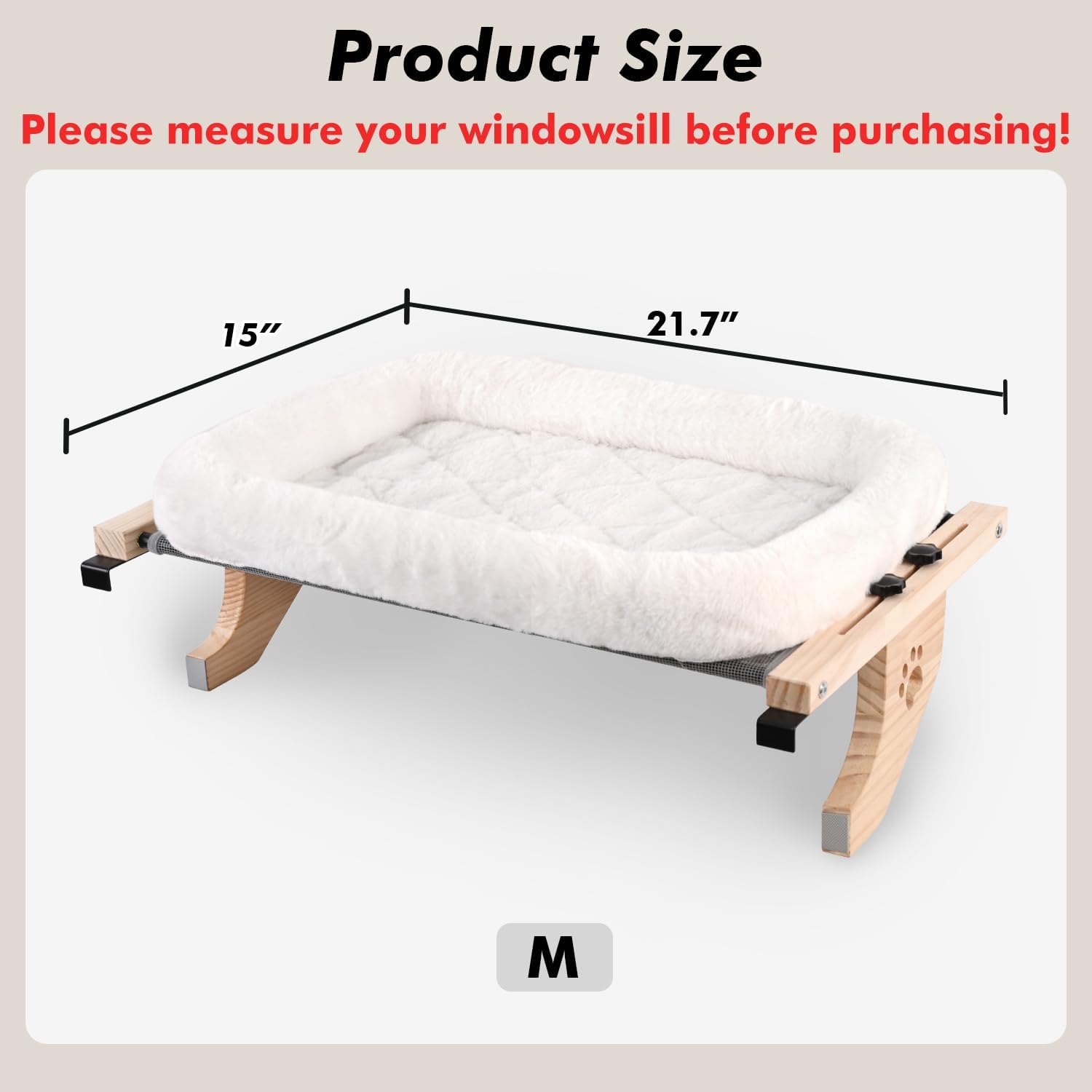 AMOSIJOY Cat Sill Window Perch Sturdy Hammock Window Seat with Cushion Bed Cover, Wood & Metal Frame for Large Cats, Easy to Adjust Cat Bed for Windowsill, Bedside, Drawer and Cabinet (M)