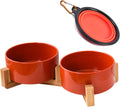Petygooing Dog Bowls,Ceramic Cat Dog Bowl Set with Wood Stand for Food and Water,Non-Slip Cute Modern Pet Dish for Cats Small Size Dogs Puppy (13.5OZ/5.1 in) Rust Red