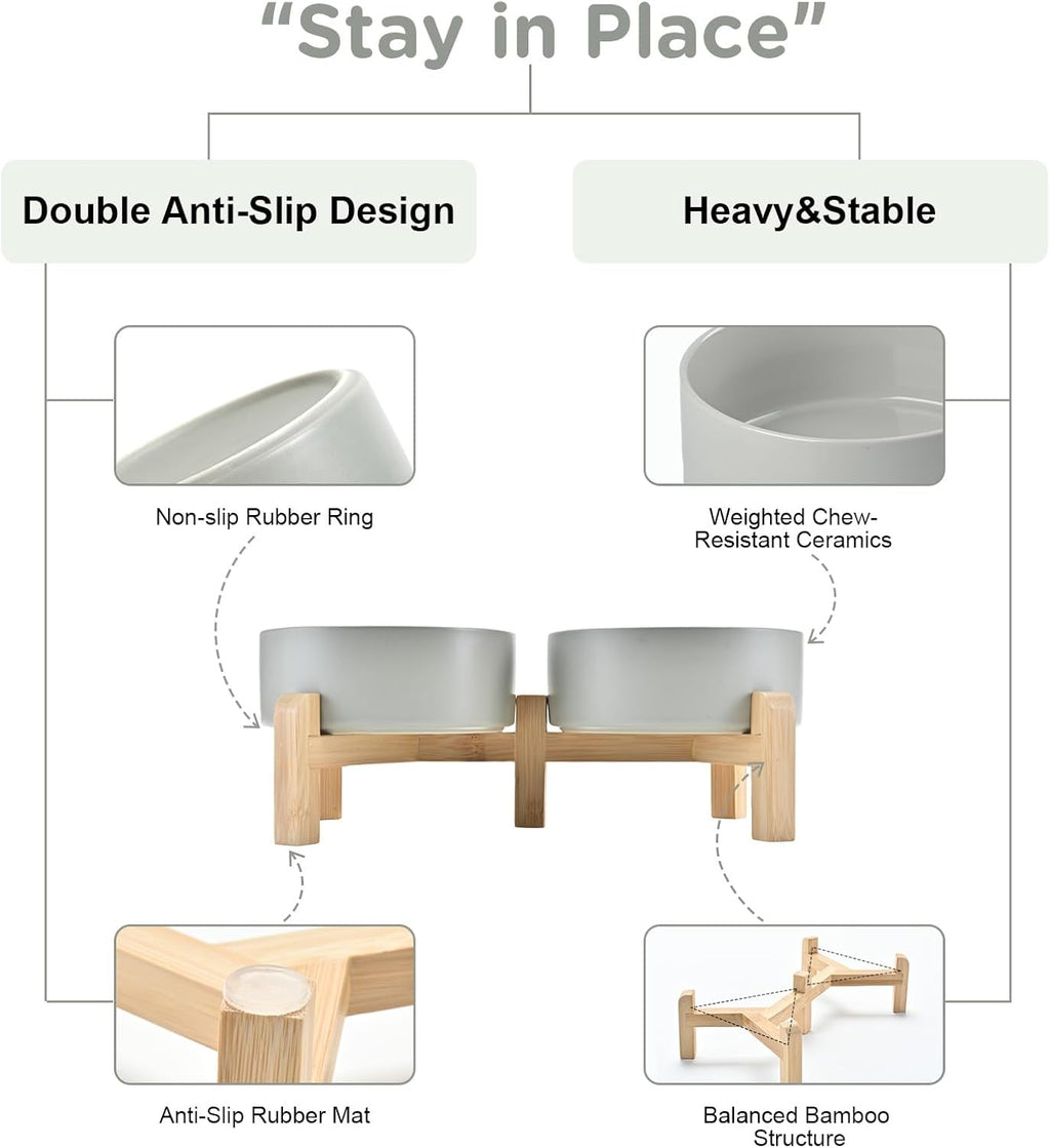 SPUNKYJUNKY Elevated Dog Bowls Ceramic, 5.1'' Dogs and Cat Food Water Bowls Raised with Non-Slip Bamboo Stand for Puppy Small Sized Breed Microwave Dishwasher Safe - 13.5 OZ,Grey