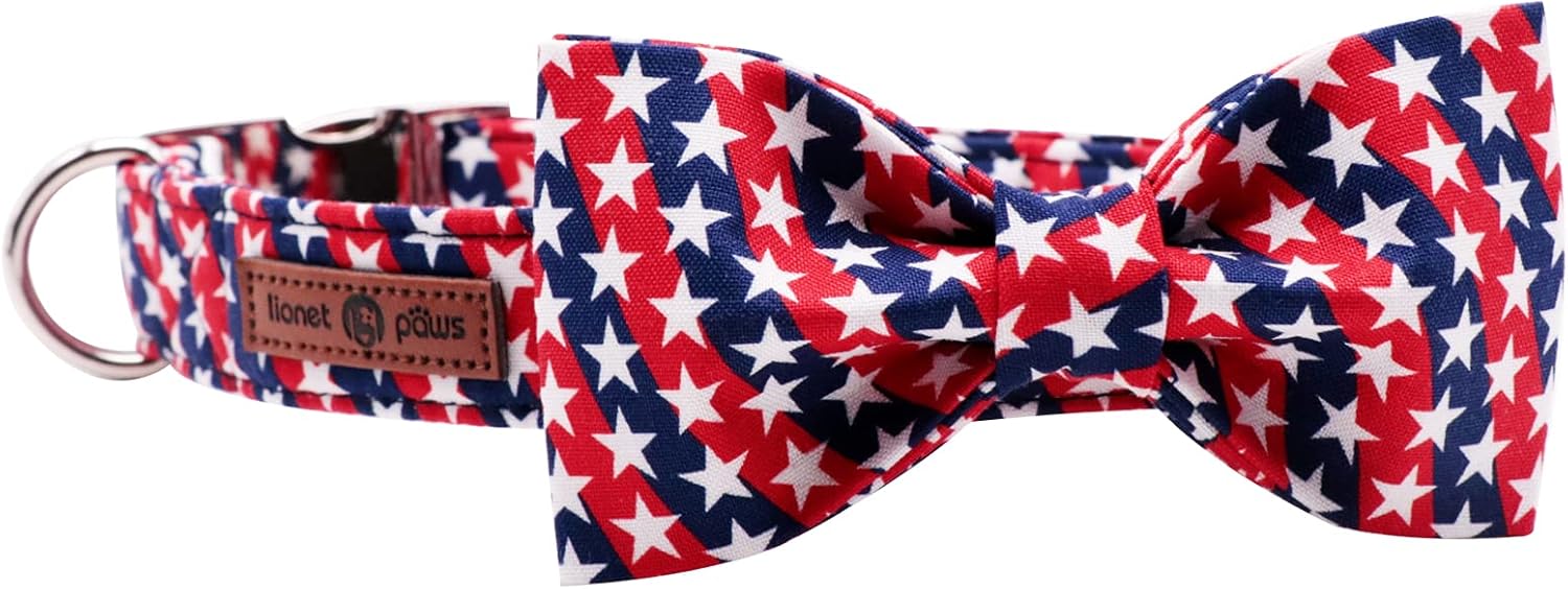Lionet Paws Patriotic Dog and Cat Collar with Bowtie, 4th of July, Soft and Comfortable, Adjustable Collar for Puppies and Cats, Neck 7-11 inches