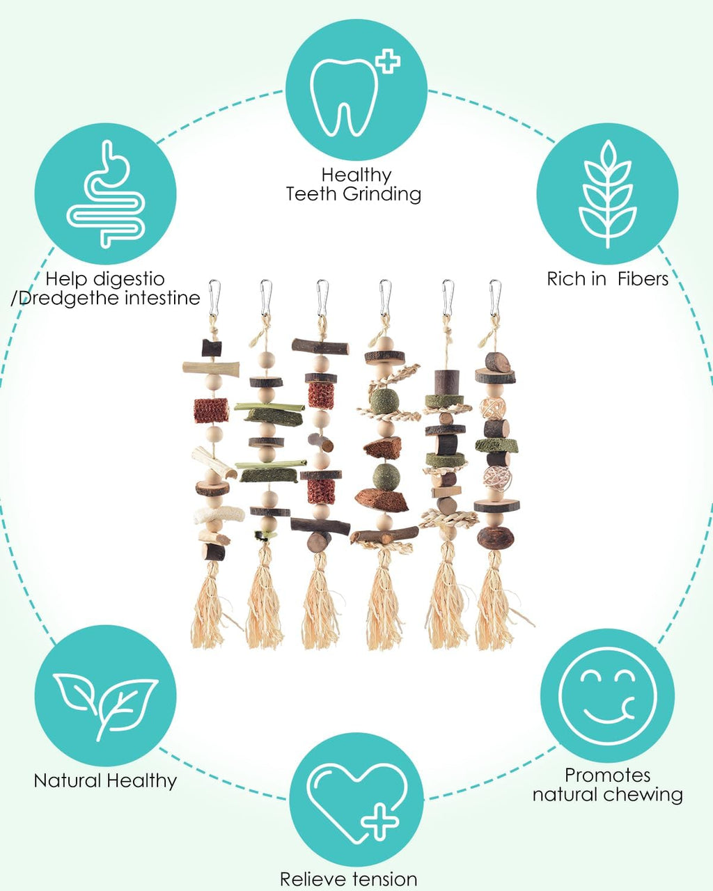 6PCS Bunny Chew Toys, Hamster Rabbit Cage Hanging Chew Toys, Natural Apple Wood Bunnies Treats, Improve Small Animal Teeth Health for Guinea Pig Chinchilla Ferret Rats Gerbil