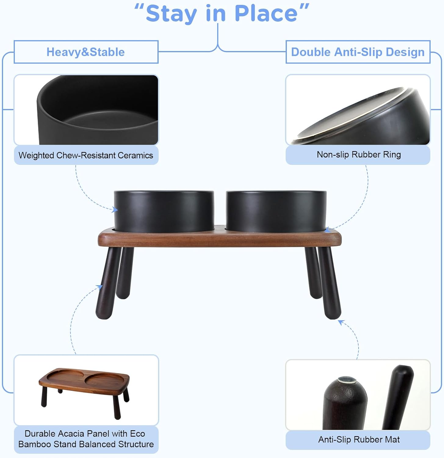 SPUNKYJUNKY Ceramic Elevated Dog Bowls Raised with Acacia Bamboo Wooden Stand, 6.1'' Dog and Cat Food Water Bowls Set Non-Slip for Small Medium Sized Breed Microwave Dishwasher Safe - 28.7 OZ,Black