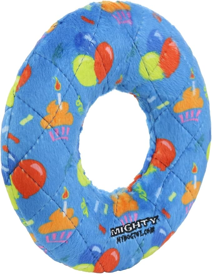 MIGHTY- NO Stuff Ring - Squeaky Plastic Core. 2-in-1 Toy. Made Durable, Strong & Tough. Interactive Play (Tug, Toss & Fetch). It Floats (Celebration, Medium 2 Pack)