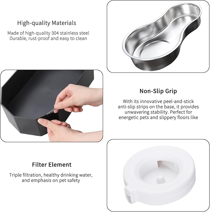 RIZZARI Large Dog Water Dispenser: 9L Raised Gravity Gray Automatic Stainless Steel Waterer with 2 Caps - 100% BPA Free - Pet Feeder for Senior Dogs with Joint Pain in Bedroom Garden