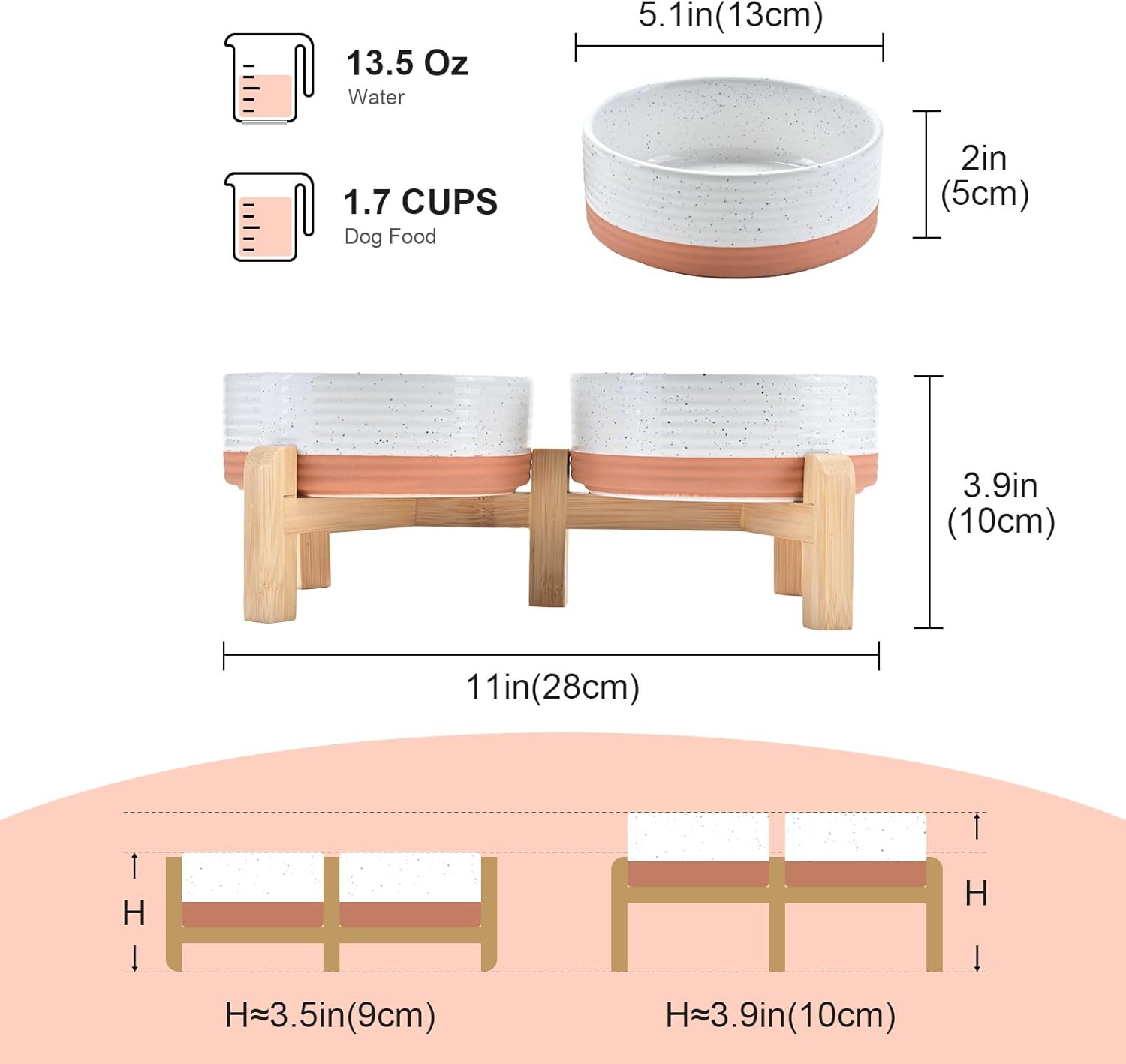 SPUNKYJUNKY Elevated Dog Bowls Ceramic, 5.1'' Dogs and Cat Food Water Bowls Raised with Non-Slip Bamboo Stand for Puppy Small Sized Breed Microwave Dishwasher Safe - 13.5 OZ,Pattern White