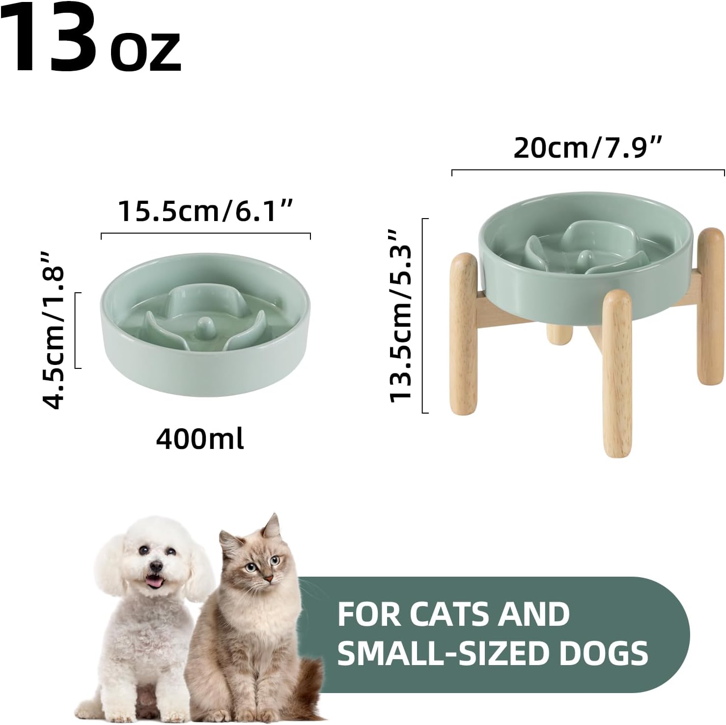 6.1inch Ceramic Raised Slow Feeder Dog Bowl Set, Elevated Wooden Stand for Small Dog and Cat, Puzzle Slow Dish, Preventing Choking(Light Green, Single Bowl+ Stand)