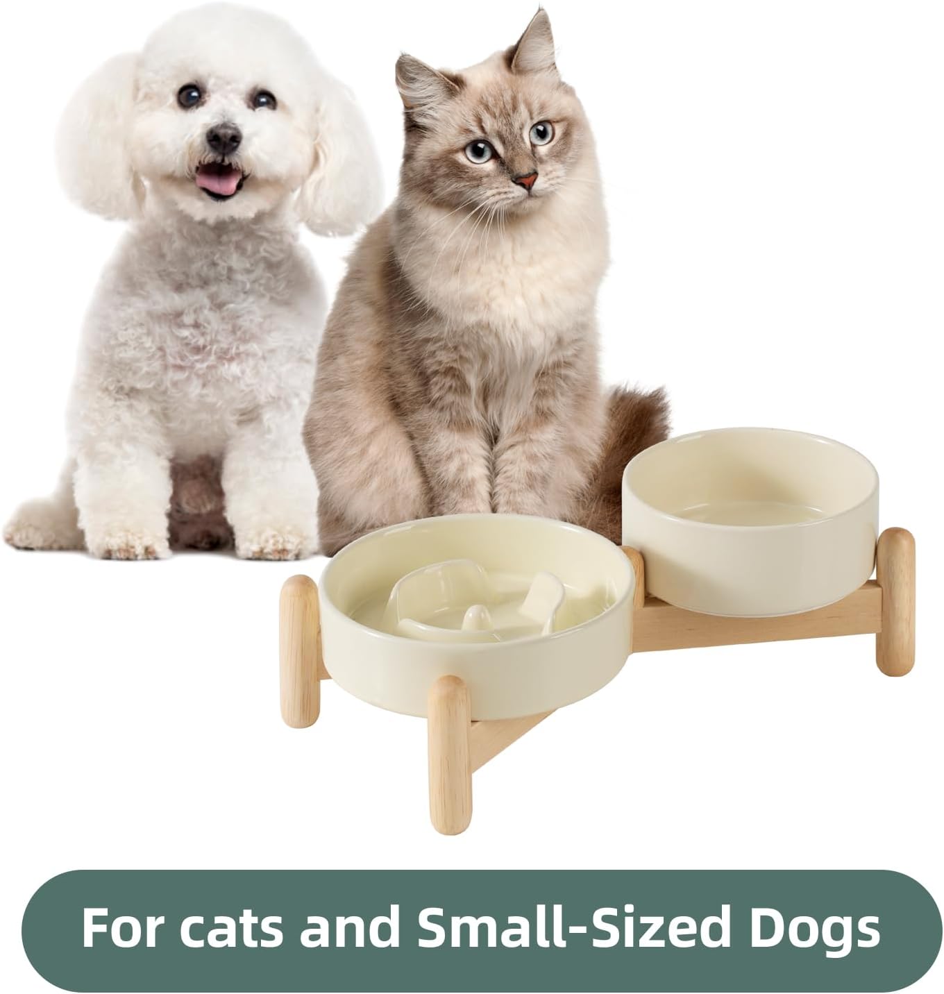 Ceramic Raised Slow Feeder Dog Bowl Set, Elevated 5.1inch Water Bowl and 6.1inch Puzzle Slow Pet Food Dish with Wooden Stand for Small Dog and Cat, Anti-Gulping (2X Beige+ Stand)