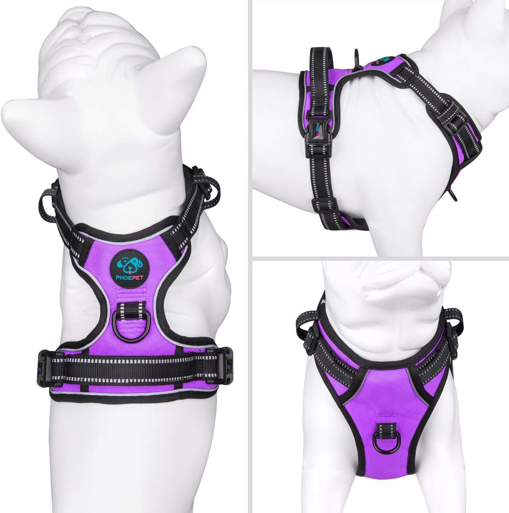 PHOEPET No Pull Dog Harnesses for Small Puppies Reflective Adjustable Front Clip Vest with 2 Metal Leash Attachment Hooks Soft Handle(S, Purple)