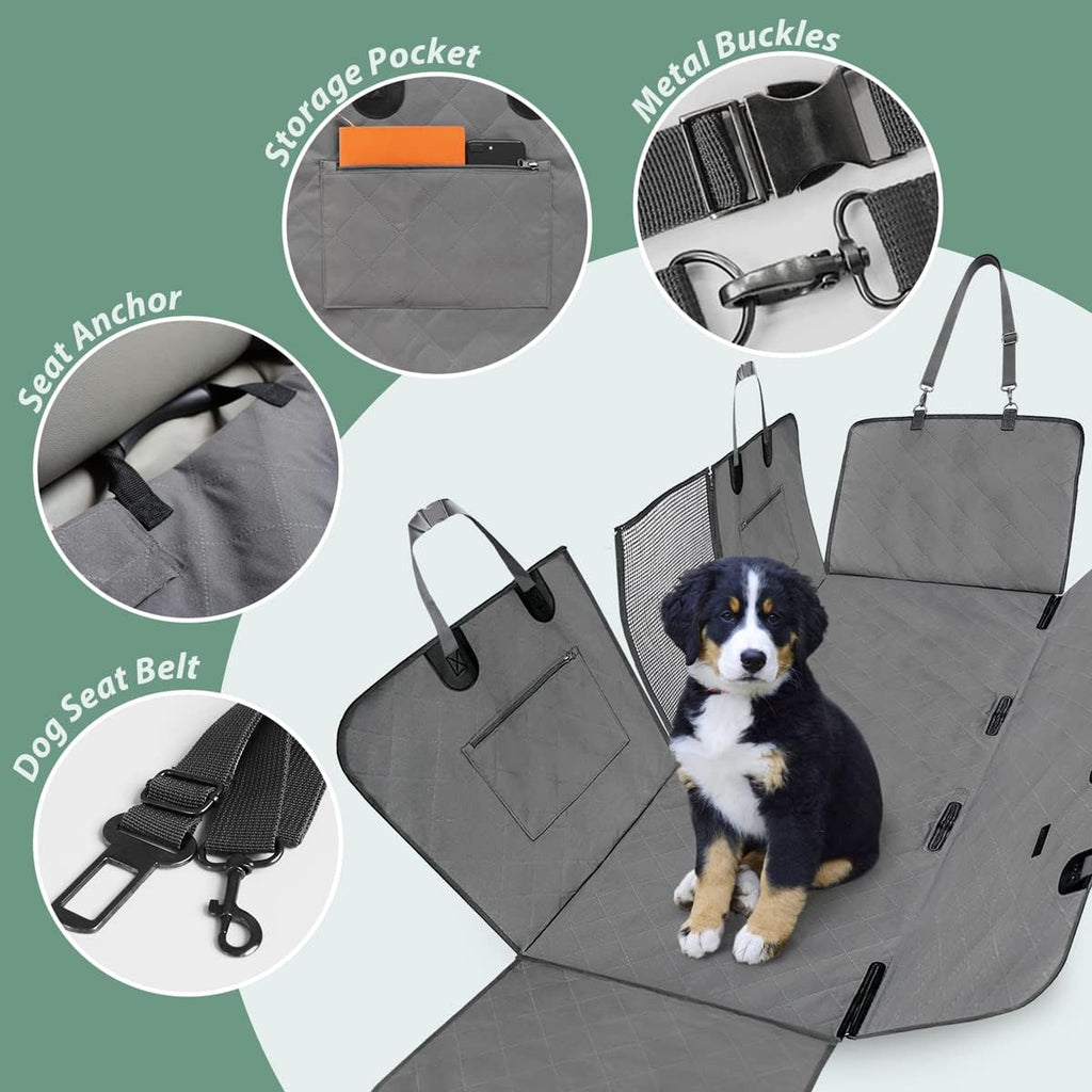 Dog Car Seat Cover for Back Seats 100% Waterproof with Metal Buckle Mesh Window Scratch Proof Heavy Duty Rear Backseat Protector Hammock for Pet, SUV Truck Vehicle Accessories, 54" x 58", Grey