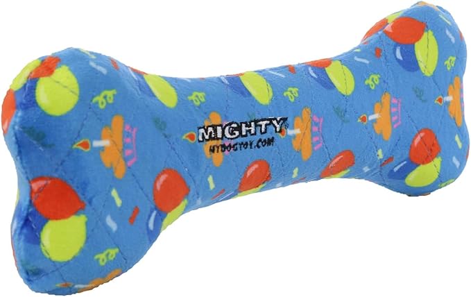 MIGHTY- NO Stuff Bone– Squeaky Plastic Core. 2-in-1 Toy. Made Durable, Strong & Tough. Interactive Play Dog Toy (Tug, Toss & Fetch). It Floats. (Celebration, Large)