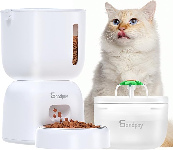 Automatic Cat Feeder and Water Dispenser FW1, 3L Cat Food Dispenser with Locking Lid, Two-in-One Set Timed Dog Feeder for Cats and Puppies, Pet Feeder with Portion Control, 4 Daily Meals