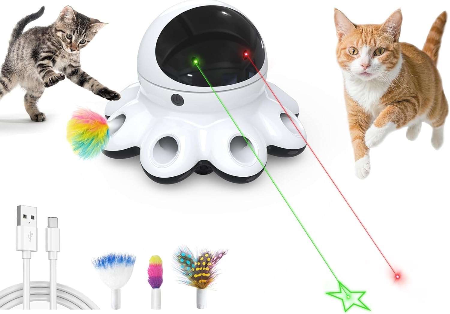 ORSDA Cat Laser Toy, 2-in-1 Interactive Automatic Motion Activated Moving 8 Holes Whack A Mole Feather, USB Rechargeable Electronic Smart Sensor Kitten Toys for Indoor Exercise