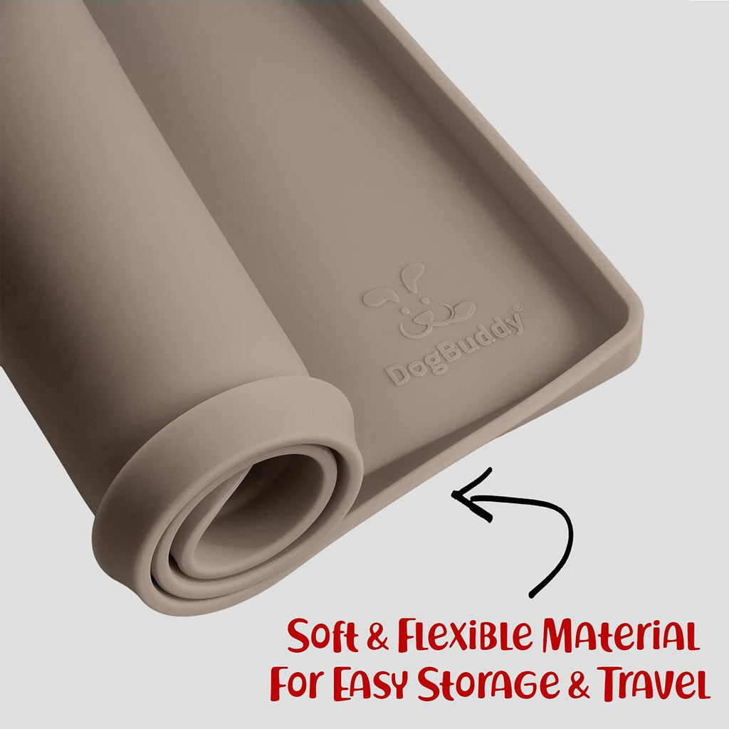 DogBuddy Dog Food Mat – Waterproof Dog Bowl Mat for Food and Water, Silicone Pet Feeding Mats for Floors, Non-Slip Placemat with High Edges for Dogs Bowls, Puppy Essentials (XS: 11" x 11", Taupe)