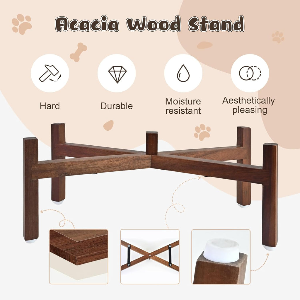 SPUNKYJUNKY Ceramic Elevated Dog Bowl Set with Acacia Wood Stand for Food and Water for Medium Dog (42.27 OZ, White and Reddish Brown)