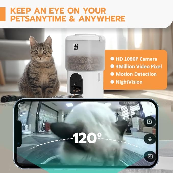 Automatic Cat Feeder with Camera 1080P HD Video 2.4G&5G WiFi Cat Water Fountain with Moving Water Feature Timed Auto Feeder with APP Control,Multiple Cats, Detachable for Easy Clean