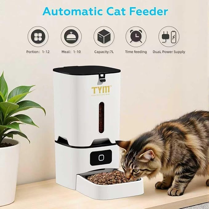 TYM Automatic Cat Feeder, 7L WiFi Cat Food Dispenser, Timed Cats Feeder with APP Control, Auto Pet Food Dispenser for Small Pets, Fresh Food, Dual Power Supply, Detachable for Easy Cleaning