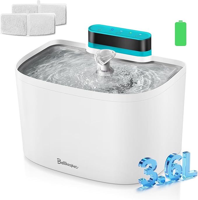Cat Water Fountain, 122oz/3.6L Pumpless Wireless Cat Fountain, Cordless Water Fountains for Cats Indoor, Dog Pet Water Fountain Battery Operated with Stainless Steel Tray (White, Fountain+2 Fliters)