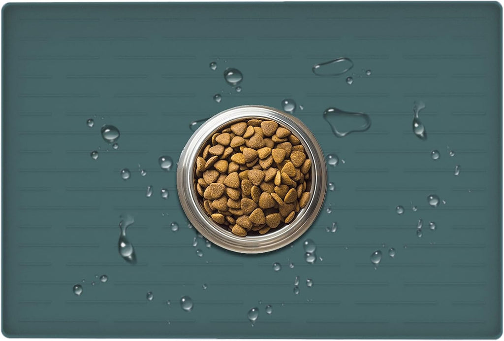 24" x 16" Dog Food Mat, Silicone Pet Mats for Food and Water, Nonslip Pet Feeding Mats for Floors, Dog Cat Bowl Mat with Raised Edges, Dark Green