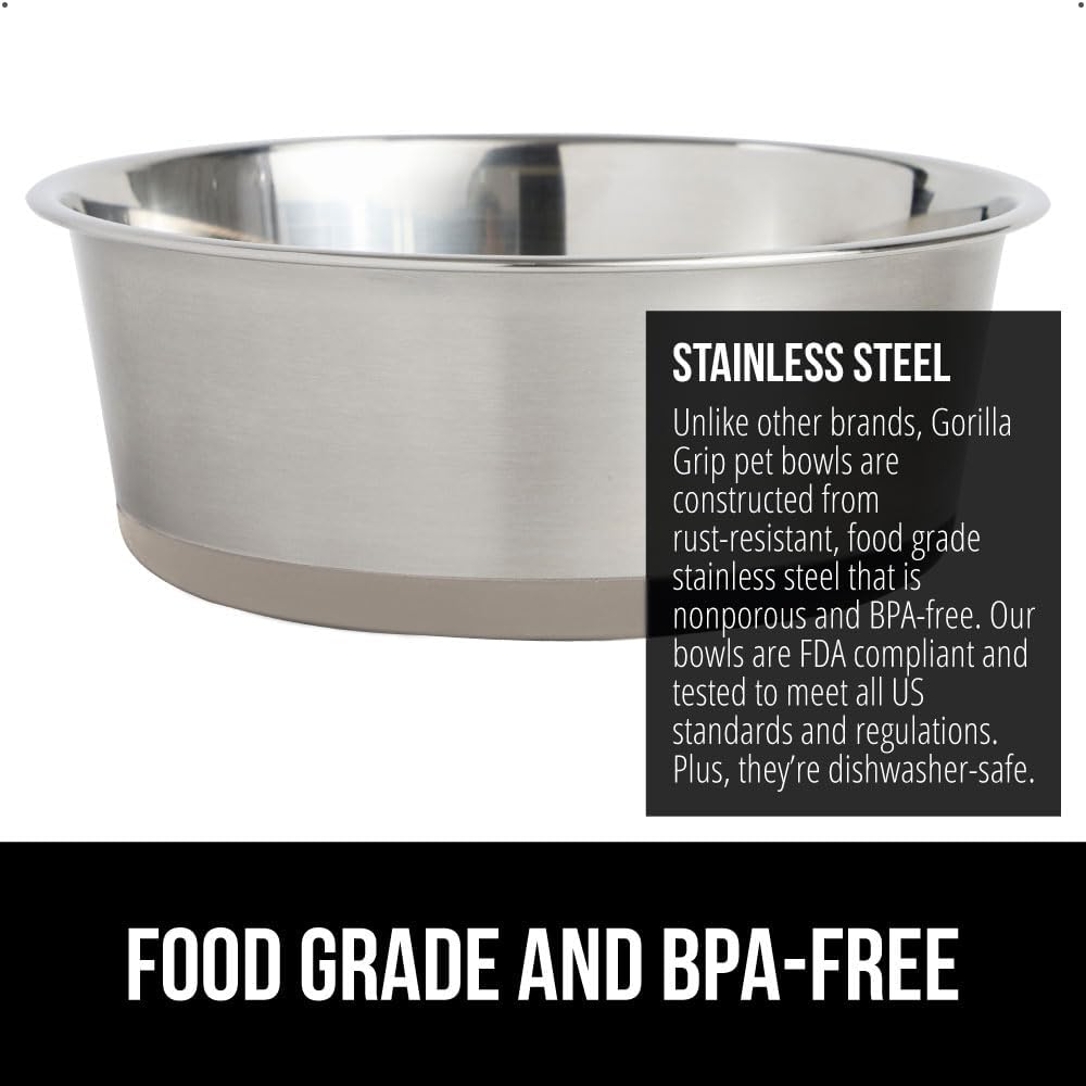 GORILLA GRIP Set of 2 Dog Bowls, Heavy Duty Metal Food and Water Bowl for Feeding Dogs and Cats, Dishwasher Safe, Rust Resistant Stainless Steel, BPA Free Rubber Base, Holds 1 Cup (8 fl oz), Beige