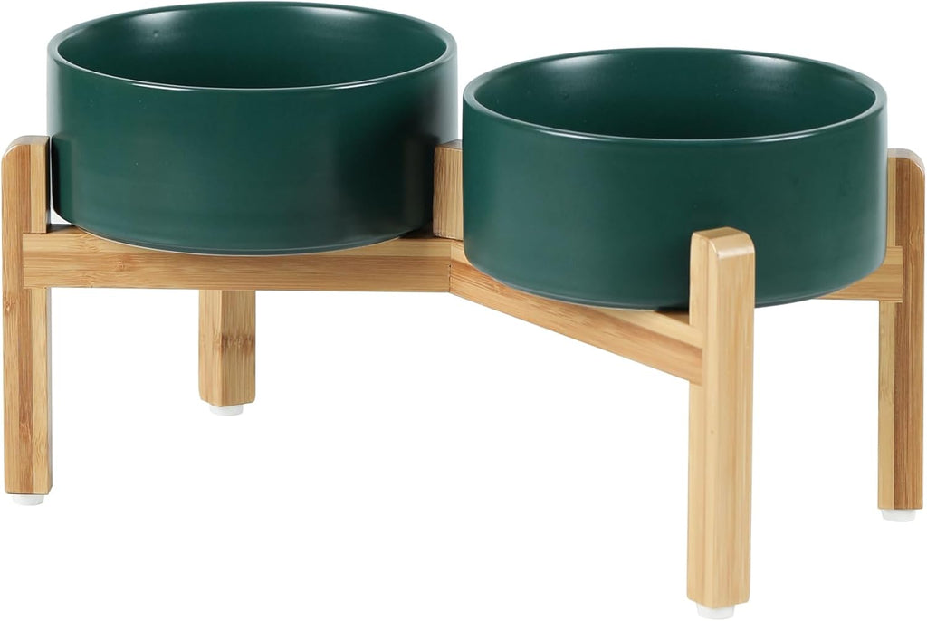 Ceramic Raised Double Bowls Set with Stand, Food & Water Bowls for Medium Breed Dogs, Weighted Dog Dishes, Pet Bowl(7.3'',41OZ, Green)