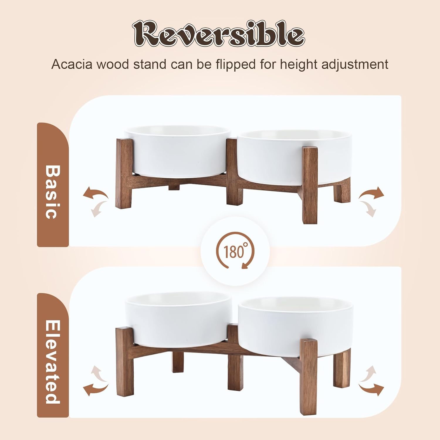 SPUNKYJUNKY Acacia Wood Stand Dog Bowl Set Raised, Ceramic Dog Food & Water Bowl for Medium Dogs (28.74 OZ, White)