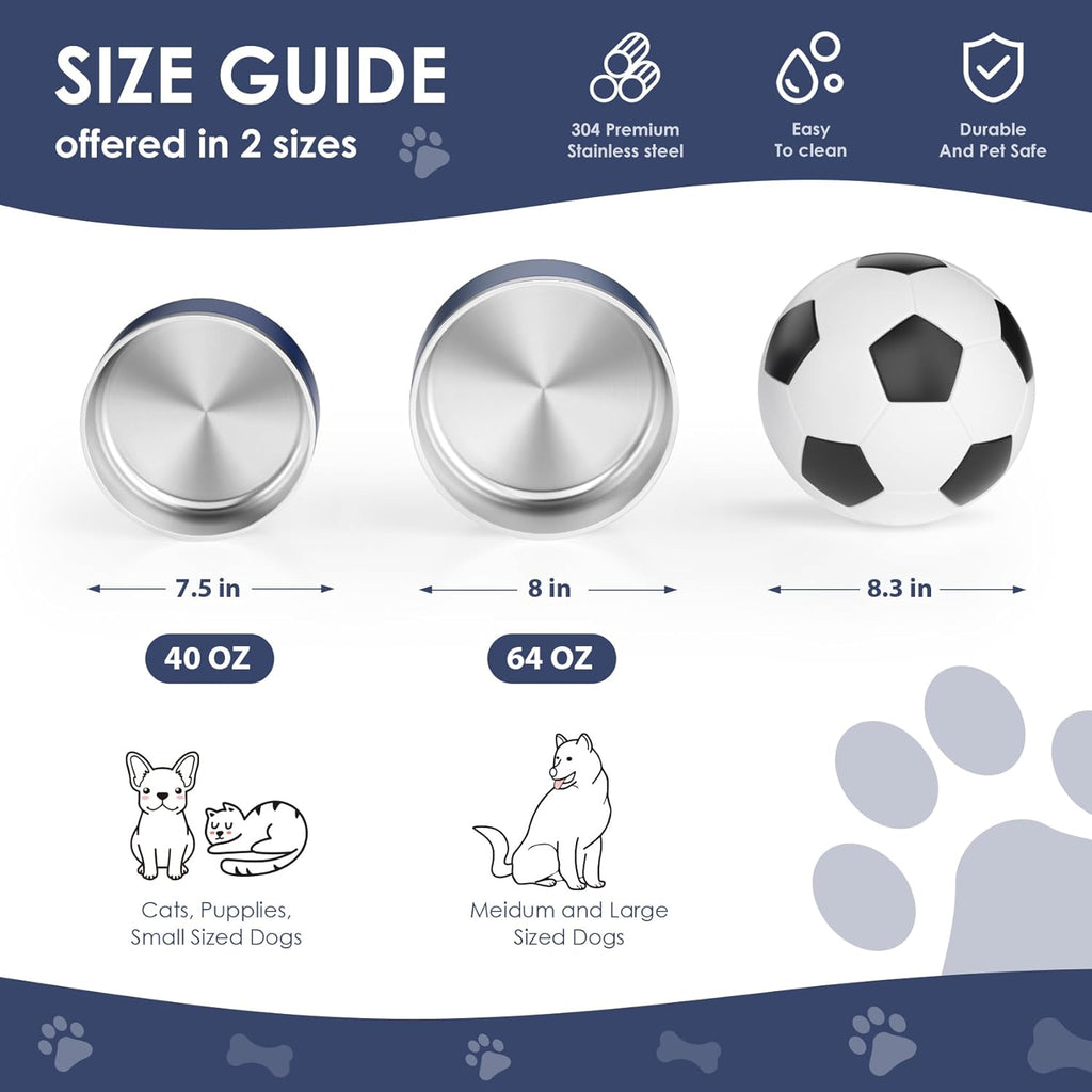 IKITCHEN Dog Bowl for Food and Water, 40 Oz Stainless Steel Pet Feeding Bowl, Durable Non-Skid Double Wall Insulated Heavy Duty with Rubber Bottom for Medium Large Sized Dogs (40 Ounces/5 Cup, Blue)