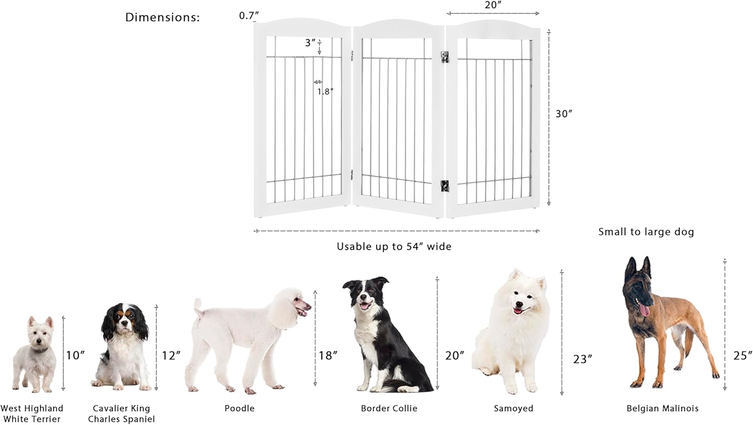 Spirich Freestanding Wire Pet Gate for Dogs, Tall Dog Gate for The Houes, Doorway, Stairs, Pet Puppy Safety Gate with Sliver Wire 60 Inches Extra Wide, 30 Inches Tall, 3 Panels, White