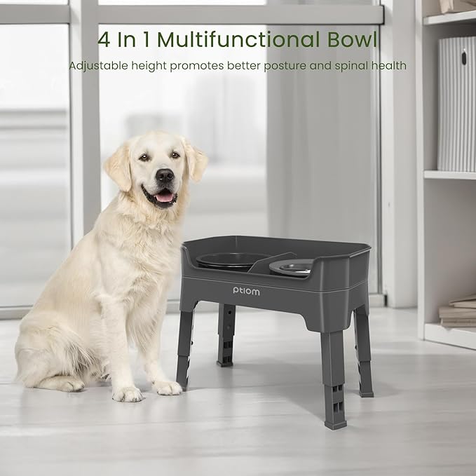 4-in-1 Elevated Slow Feeder Dog Bowls, 4 Height Adjustable Mess Proof Raised Dog Bowl Stand with No Spill Water Bowl, Stainless Steel Doggy Food Dish & Slow Feeder for Large Medium Small Pets