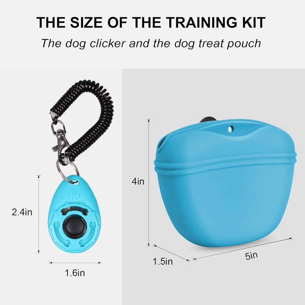 Left&Right Dog Clicker Training Kit,Silicone Dog Training Treat Pouch and Dog Clickers,Dog Treat Bag with Clicker Training for Dogs,Pet Treat Bag with Magnetic Buckle Closing and Waist Clip,Sky Blue