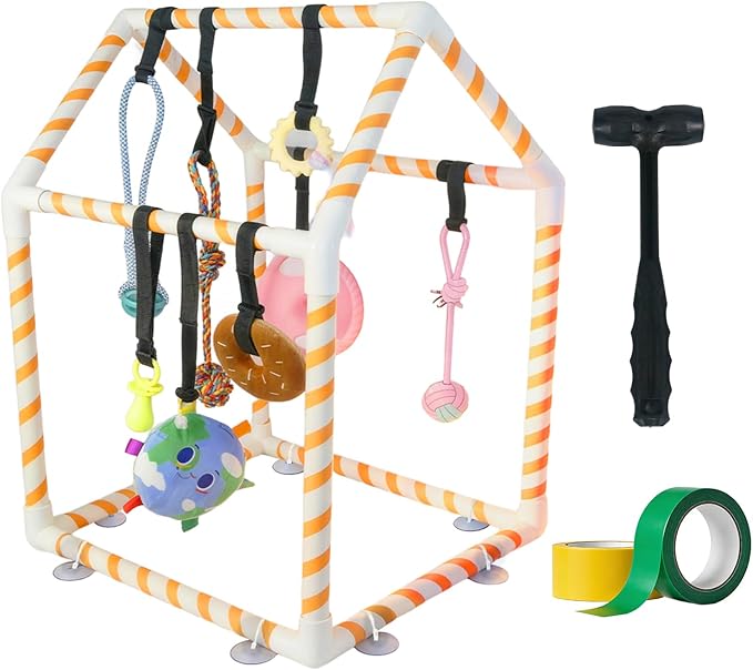 Puppy Play Gym with 8 Hanging Toys for Small Dogs, Indoor Jungle Activity Center with PVC Frame & Bungee Straps, Interactive Enrichment Toys to Keep Puppies Busy