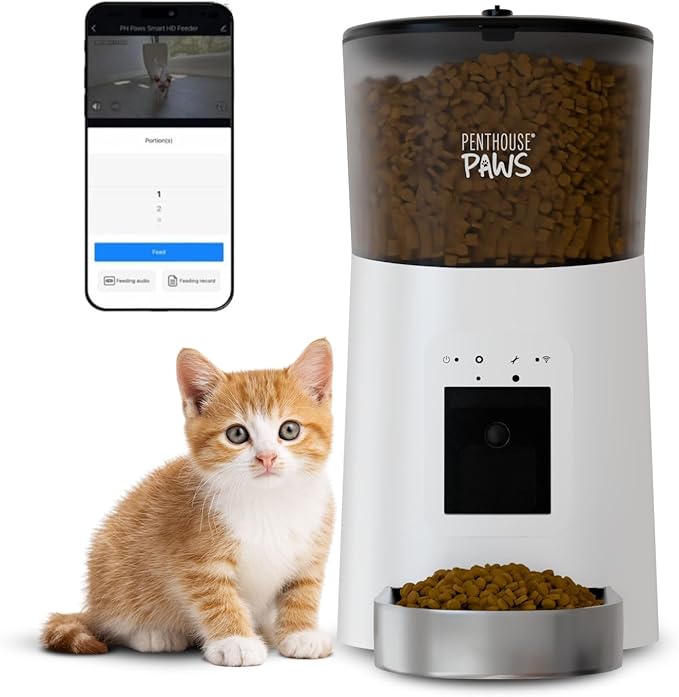 Smart HD Automatic Cat Feeder with 1080P Camera & Night Vision, 2-Way Audio, WiFi App Control, Anti-Jam 6L Cat Feeder with Backup Power, Easy to Clean, Up to 15 Meals for Cat & Dog, White Stainless