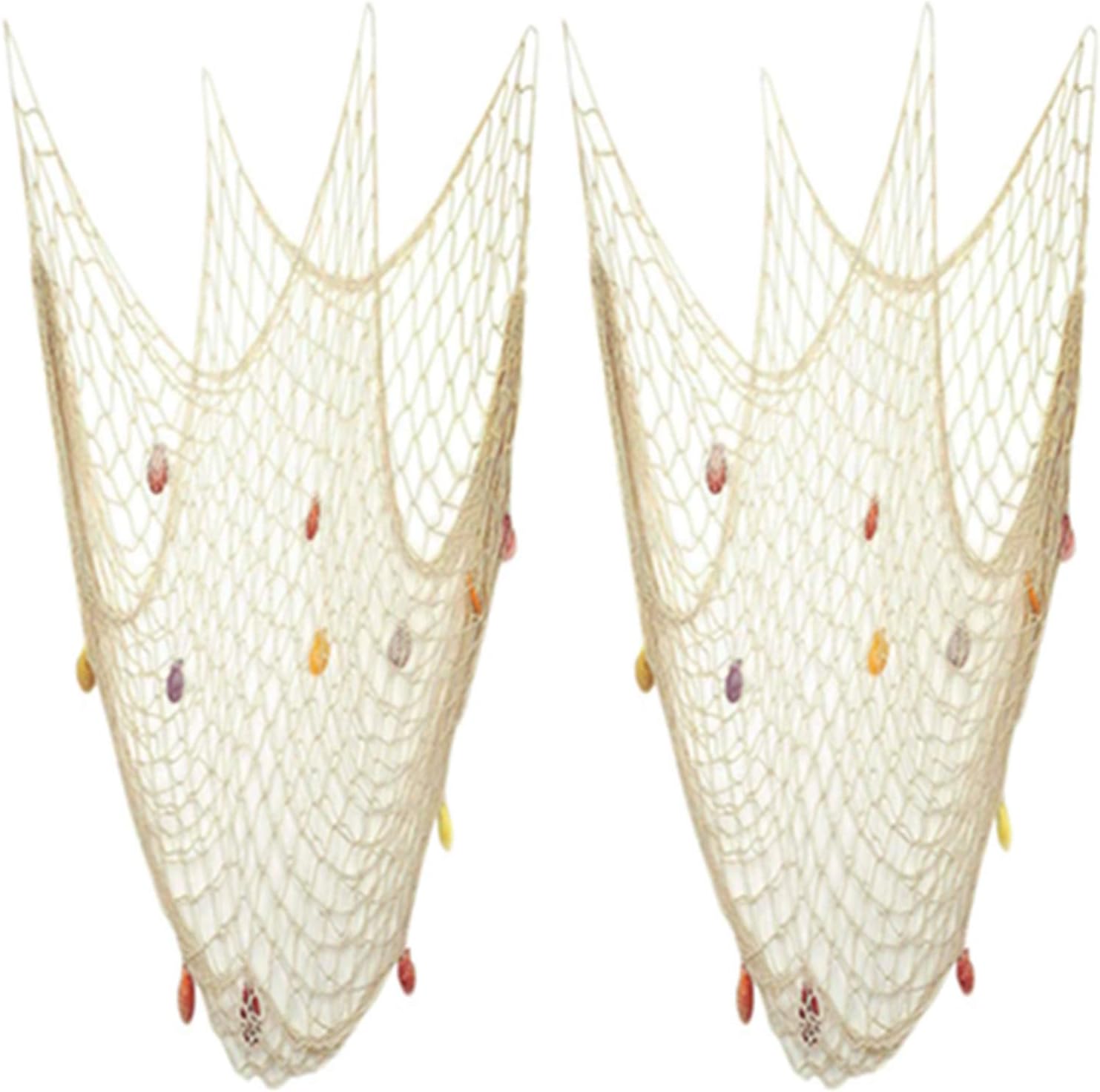 Nature Fish Net Wall Decoration with Shells, Ocean Themed Wall Hangings Fishing Net Party Decor for Pirate Party,Wedding,Photographing Decoration (Fishnet-2pack-Beige)