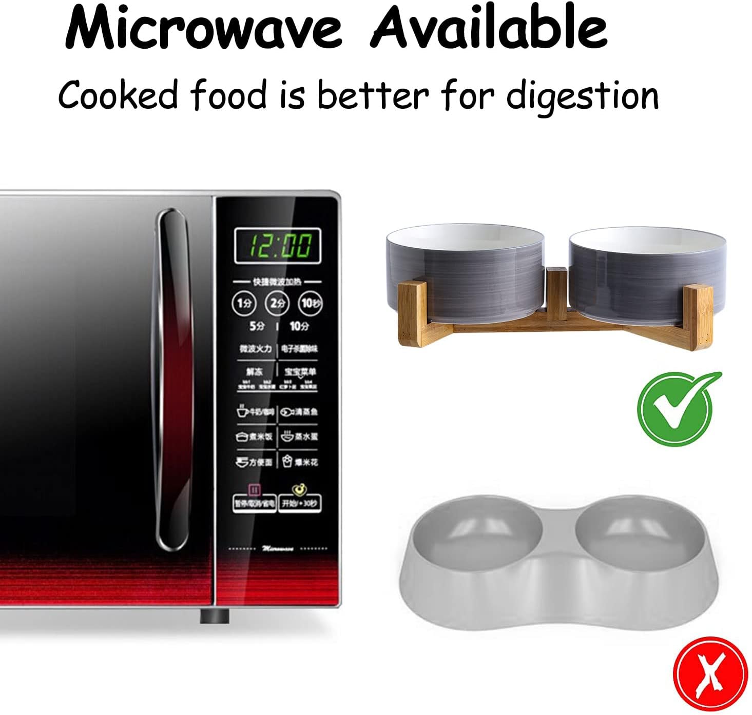 Petygooing Dog Bowls,Ceramic Cat Dog Bowl Set with Wood Stand for Food and Water,Non-Slip Weighted Cute Pet Dish Set for Cats and Medium Size Dogs (28OZ/6.1 in) Grey White