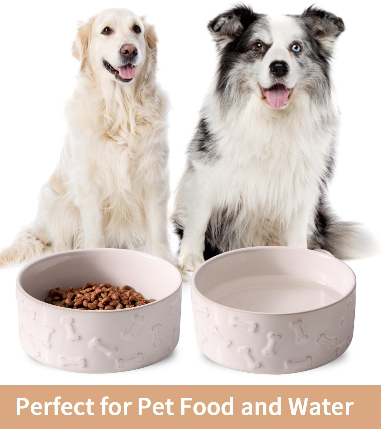 UBEE Ceramic Dog Food Bowl Set of 2, 6.1 inch Dog Bowls Dish with Bone Pattern, Pet Food Water Dish Feeding for Small and Medium Dogs and Large Cat, White