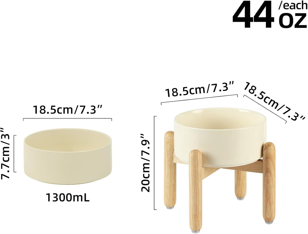 Ceramic 7.3inch Raised Dog Bowl Set, Elevated with Wooden Stand, Food and Water Bowl for Medium Breed Dogs, Weighted Dog Dishes, Pet Feeder(Beige)